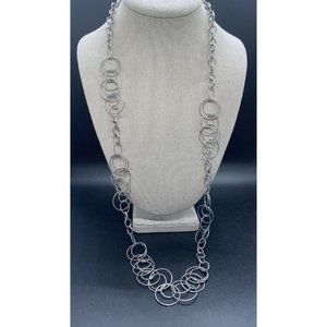 Long Silver Tone Necklace 33” Textured Oval Chain With Various Sized Rings